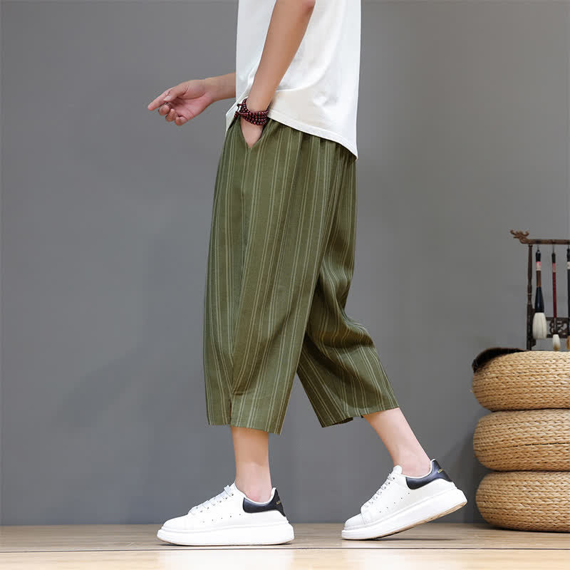 Buddha Stones Pantalones capri de verano informales con cordón y rayas, pantalones harem para hombre con bolsillo. - image 30