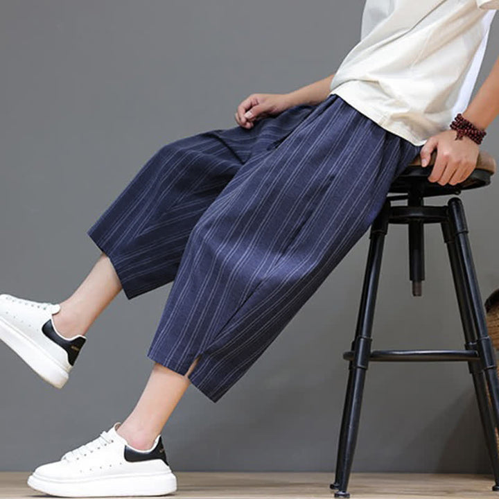 Buddha Stones Pantalones capri de verano informales con cordón y rayas, pantalones harem para hombre con bolsillo. - image 25