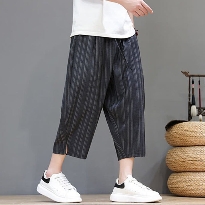 Buddha Stones Pantalones capri de verano informales con cordón y rayas, pantalones harem para hombre con bolsillo. - image 14