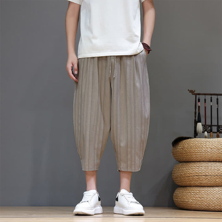 Buddha Stones Pantalones capri de verano informales con cordón y rayas, pantalones harem para hombre con bolsillo. - image 1