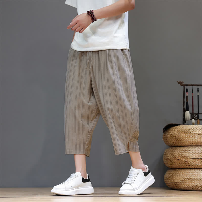 Buddha Stones Pantalones capri de verano informales con cordón y rayas, pantalones harem para hombre con bolsillo. - Broncearse - US/UK/AU46, EU56 (5XL) - image 0