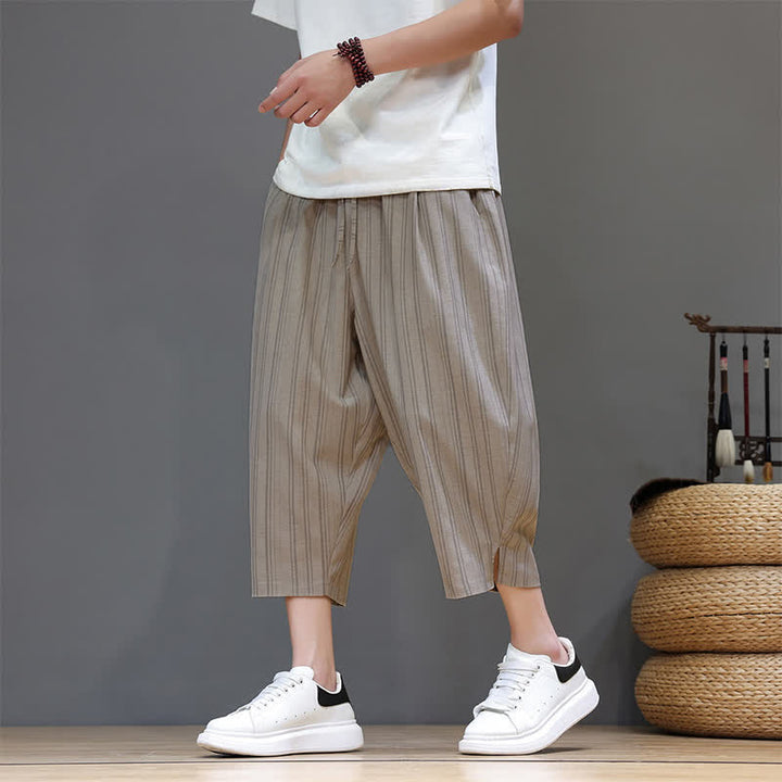 Buddha Stones Pantalones capri de verano informales con cordón y rayas, pantalones harem para hombre con bolsillo. - Broncearse - US/UK/AU46, EU56 (5XL) - image 0