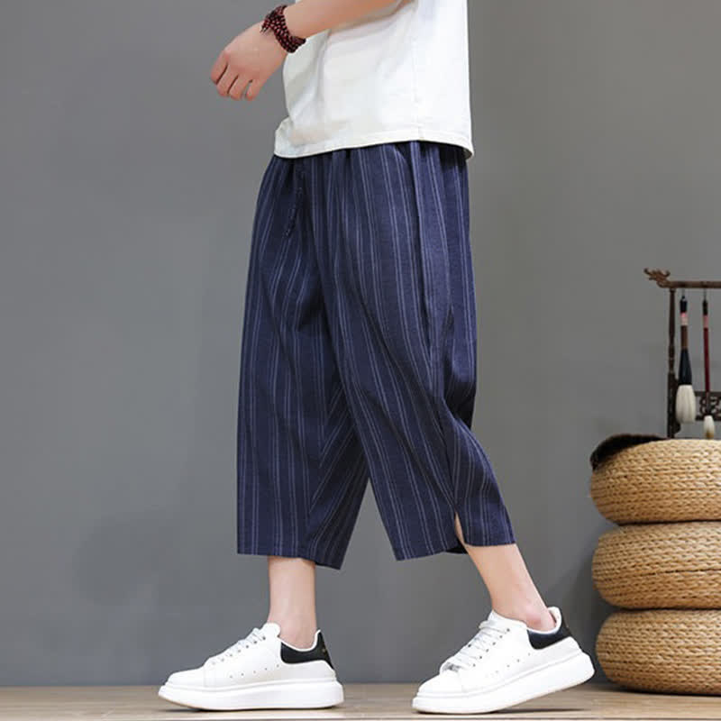 Buddha Stones Pantalones capri de verano informales con cordón y rayas, pantalones harem para hombre con bolsillo. - image 21
