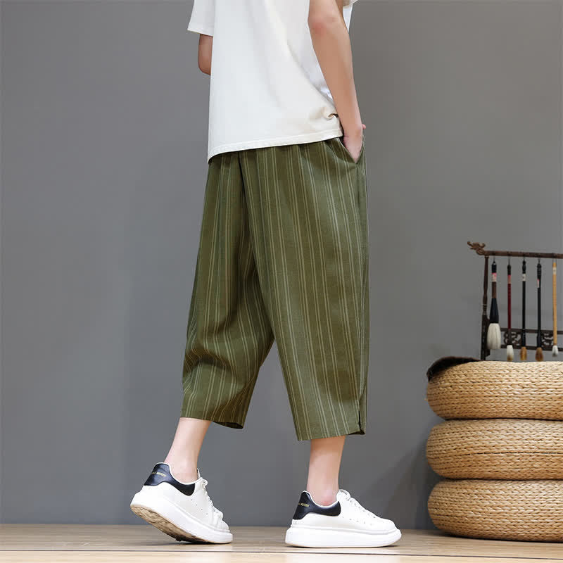 Buddha Stones Pantalones capri de verano informales con cordón y rayas, pantalones harem para hombre con bolsillo. - image 29