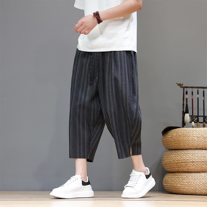 Buddha Stones Pantalones capri de verano informales con cordón y rayas, pantalones harem para hombre con bolsillo. - Negro - US/UK/AU46, EU56 (5XL) - image 10