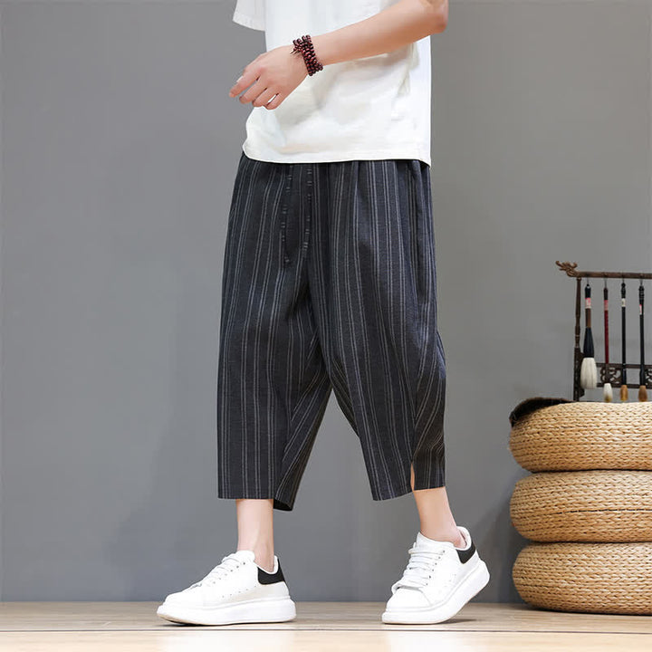 Buddha Stones Pantalones capri de verano informales con cordón y rayas, pantalones harem para hombre con bolsillo. - Negro - US/UK/AU46, EU56 (5XL) - image 10