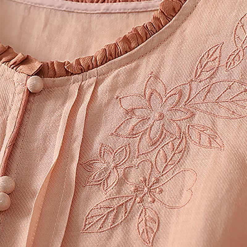 Buddha Stones Camisa de manga larga para mujer, estilo casual elegante, con bordado floral y hojas, ideal para primavera y verano. - image 4