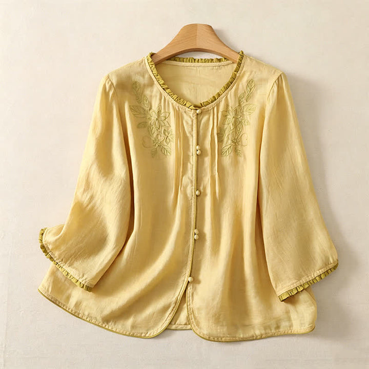 Buddha Stones Camisa de manga larga para mujer, estilo casual elegante, con bordado floral y hojas, ideal para primavera y verano. - Limón Chiffon - US12, UK/AU16, EU44 (3XL) - image 8