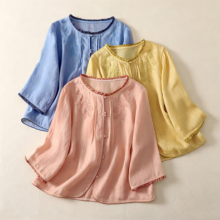 Buddha Stones Camisa de manga larga para mujer, estilo casual elegante, con bordado floral y hojas, ideal para primavera y verano. - image 18