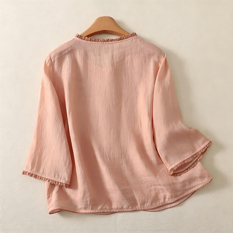 Buddha Stones Camisa de manga larga para mujer, estilo casual elegante, con bordado floral y hojas, ideal para primavera y verano. - image 1