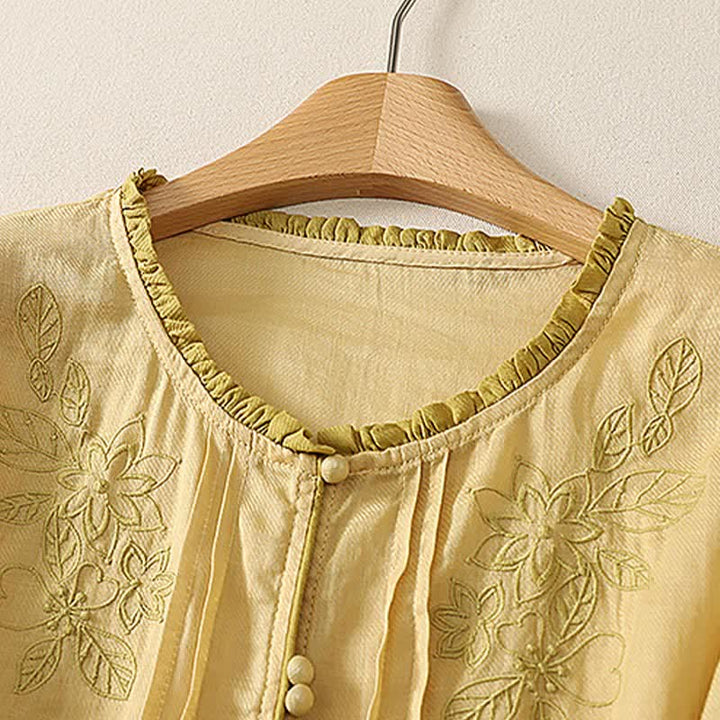 Buddha Stones Camisa de manga larga para mujer, estilo casual elegante, con bordado floral y hojas, ideal para primavera y verano. - image 9