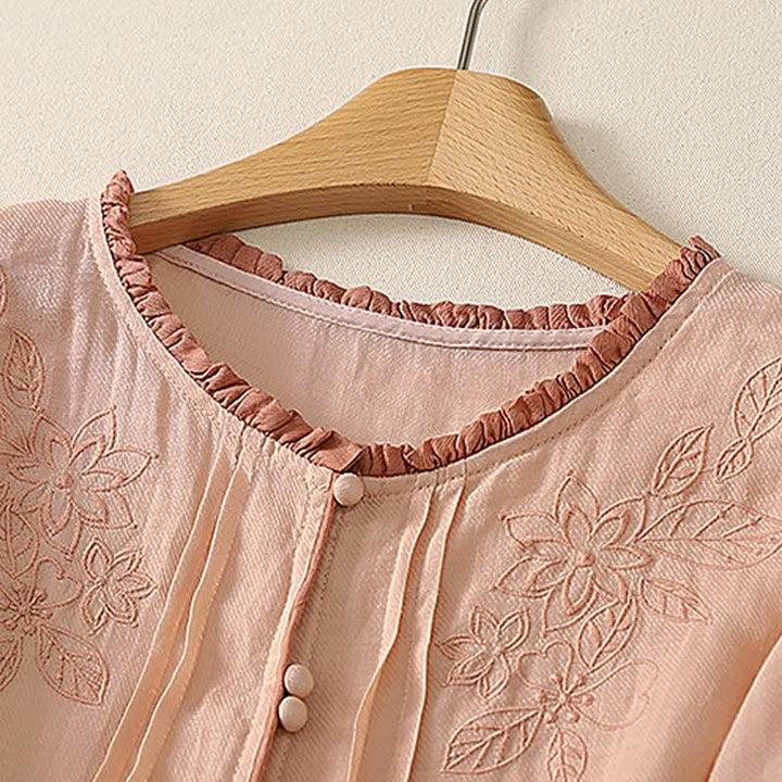 Buddha Stones Camisa de manga larga para mujer, estilo casual elegante, con bordado floral y hojas, ideal para primavera y verano. - image 2
