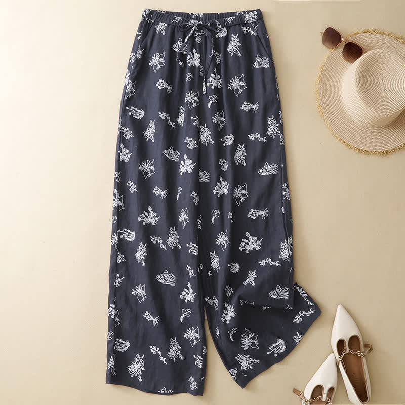 Buddha Stones Pantalones tobilleros florales de estilo vintage con cordón ajustable, estilo casual de verano para mujer, de pierna ancha y con bolsillo. - Marrón silla de montar - US8-10, UK/AU12-14, EU40-42 (2XL) - image 0