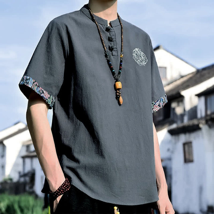 Buddha Stones Camisas de manga corta para hombre estilo Tang, informales, con bordado de botones de rana, ideales para el verano. - image 2