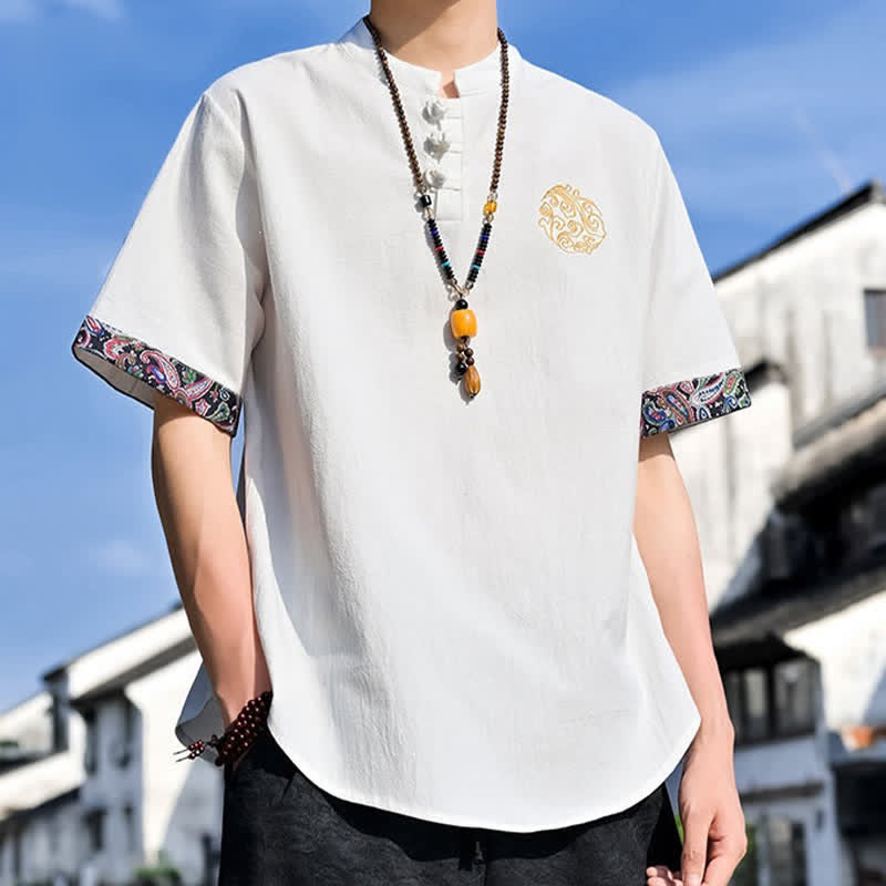 Buddha Stones Camisas de manga corta para hombre estilo Tang, informales, con bordado de botones de rana, ideales para el verano. - image 32
