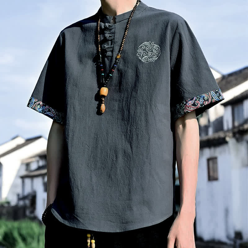 Buddha Stones Camisas de manga corta para hombre estilo Tang, informales, con bordado de botones de rana, ideales para el verano. - image 3