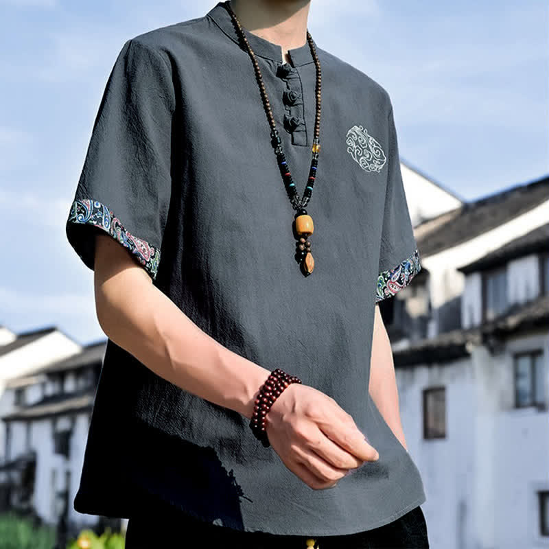 Buddha Stones Camisas de manga corta para hombre estilo Tang, informales, con bordado de botones de rana, ideales para el verano. - image 6