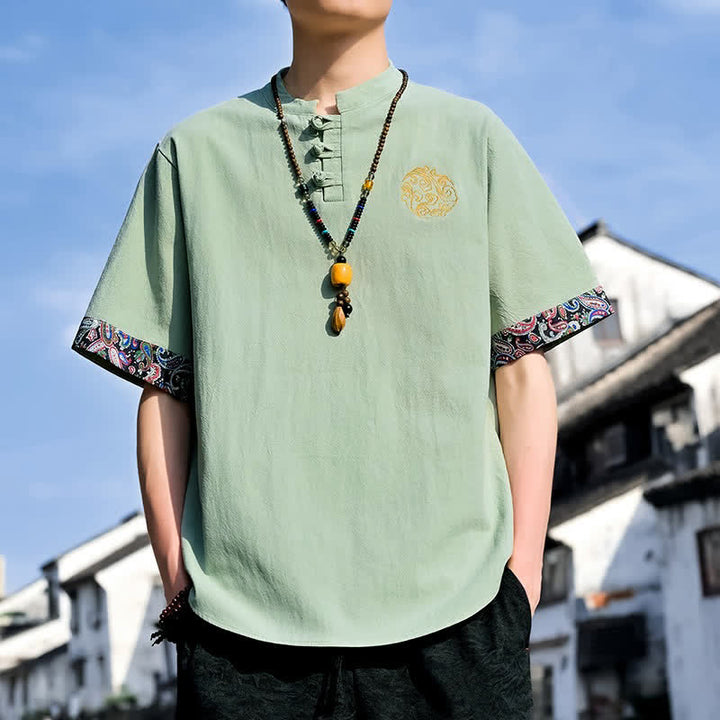 Buddha Stones Camisas de manga corta para hombre estilo Tang, informales, con bordado de botones de rana, ideales para el verano. - image 22