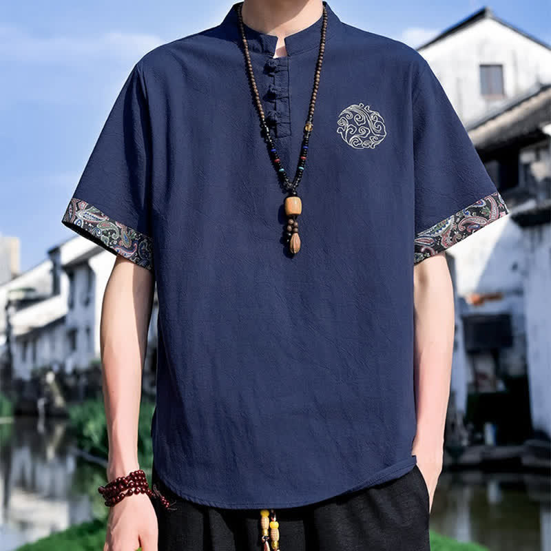 Buddha Stones Camisas de manga corta para hombre estilo Tang, informales, con bordado de botones de rana, ideales para el verano. - Azul oscuro - US/UK/AU46, EU56 (5XL) - image 13