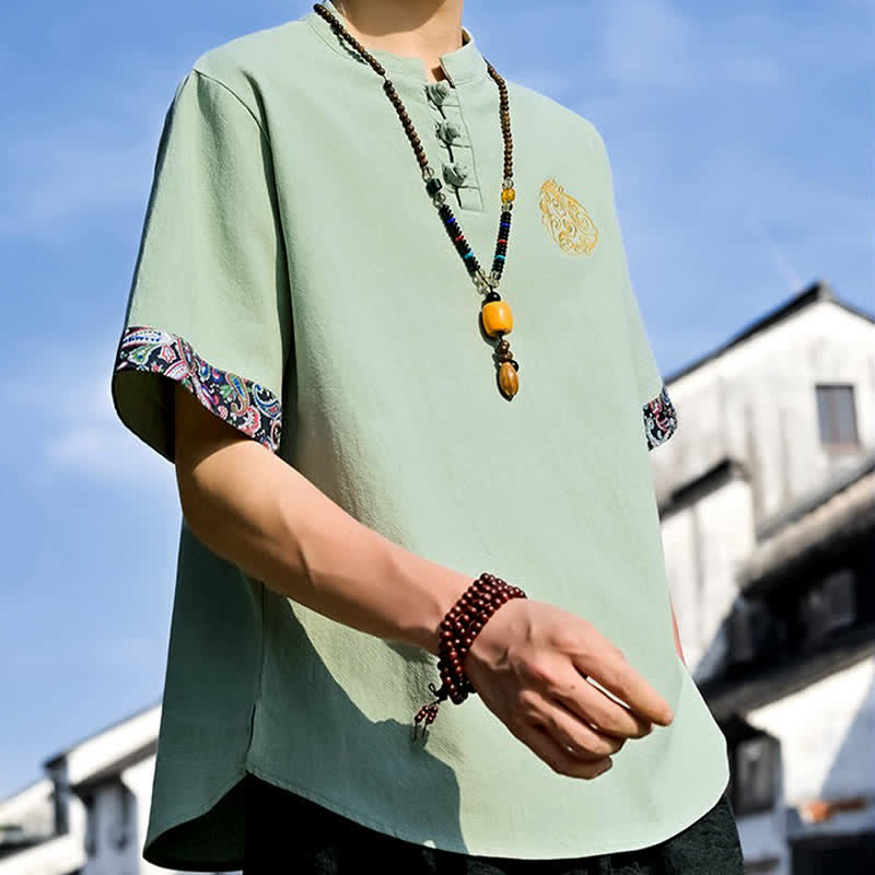 Buddha Stones Camisas de manga corta para hombre estilo Tang, informales, con bordado de botones de rana, ideales para el verano. - image 25