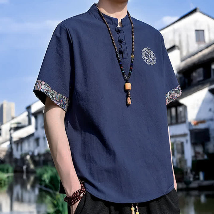 Buddha Stones Camisas de manga corta para hombre estilo Tang, informales, con bordado de botones de rana, ideales para el verano. - image 14