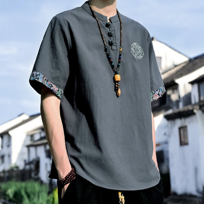 Buddha Stones Camisas de manga corta para hombre estilo Tang, informales, con bordado de botones de rana, ideales para el verano. - image 5