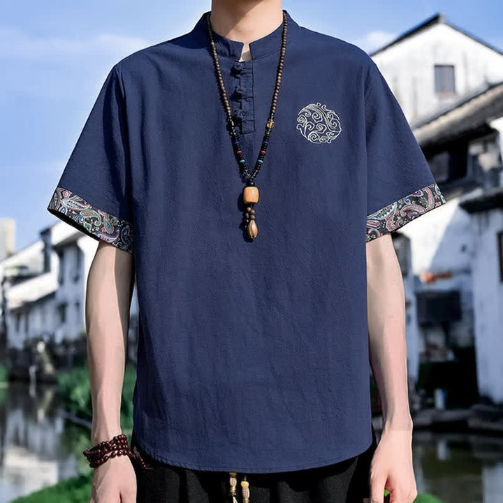Buddha Stones Camisas de manga corta para hombre estilo Tang, informales, con bordado de botones de rana, ideales para el verano. - image 19