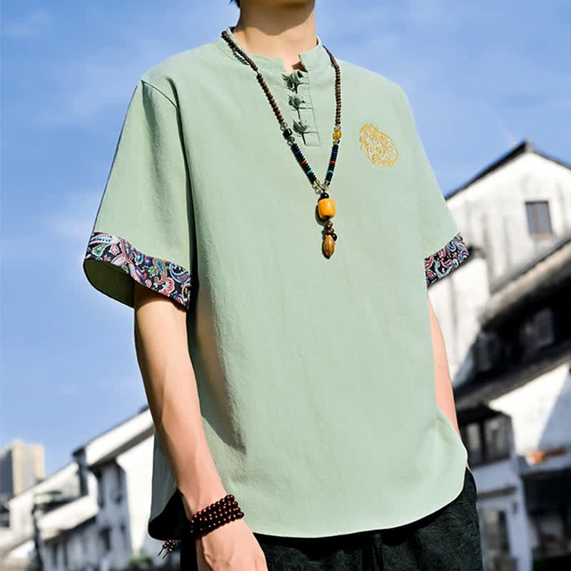 Buddha Stones Camisas de manga corta para hombre estilo Tang, informales, con bordado de botones de rana, ideales para el verano. - image 24