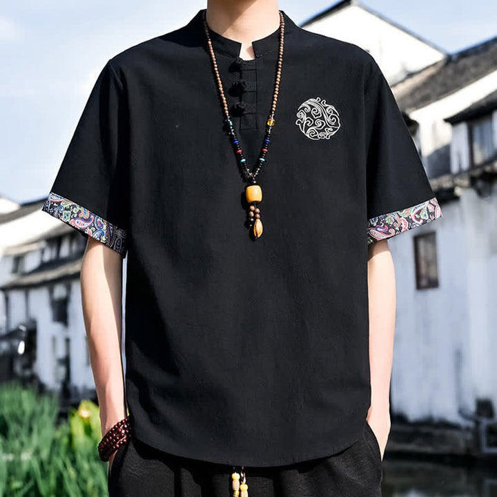 Buddha Stones Camisas de manga corta para hombre estilo Tang, informales, con bordado de botones de rana, ideales para el verano. - image 12