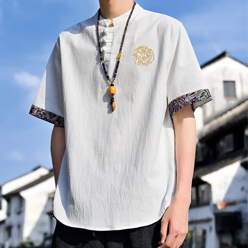 Buddha Stones Camisas de manga corta para hombre estilo Tang, informales, con bordado de botones de rana, ideales para el verano. - image 28