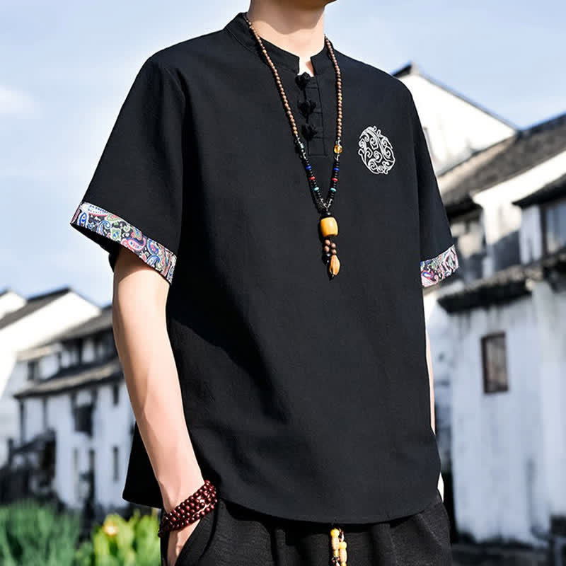 Buddha Stones Camisas de manga corta para hombre estilo Tang, informales, con bordado de botones de rana, ideales para el verano. - image 8
