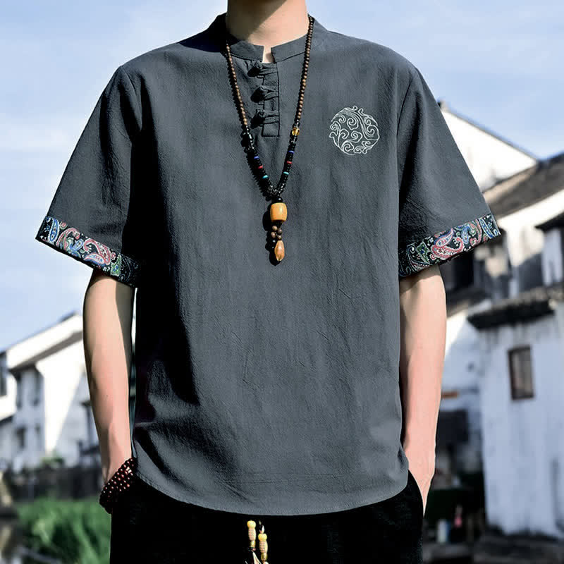 Buddha Stones Camisas de manga corta para hombre estilo Tang, informales, con bordado de botones de rana, ideales para el verano. - Gris oscuro - US/UK/AU46, EU56 (5XL) - image 1