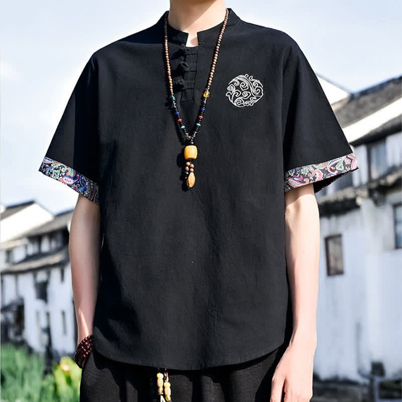 Buddha Stones Camisas de manga corta para hombre estilo Tang, informales, con bordado de botones de rana, ideales para el verano. - image 9