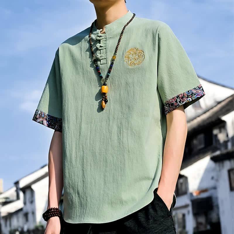 Buddha Stones Camisas de manga corta para hombre estilo Tang, informales, con bordado de botones de rana, ideales para el verano. - image 26