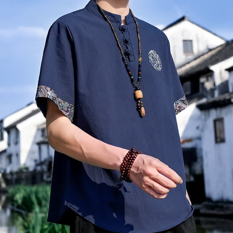 Buddha Stones Camisas de manga corta para hombre estilo Tang, informales, con bordado de botones de rana, ideales para el verano. - image 18