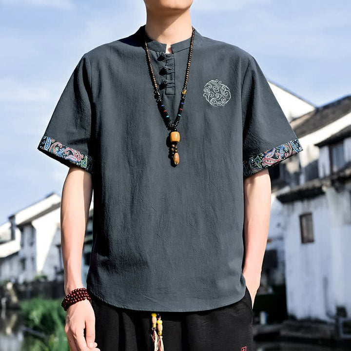 Buddha Stones Camisas de manga corta para hombre estilo Tang, informales, con bordado de botones de rana, ideales para el verano. - Negro - US/UK/AU46, EU56 (5XL) - image 0