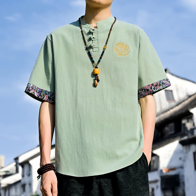 Buddha Stones Camisas de manga corta para hombre estilo Tang, informales, con bordado de botones de rana, ideales para el verano. - Verde claro - US/UK/AU46, EU56 (5XL) - image 20