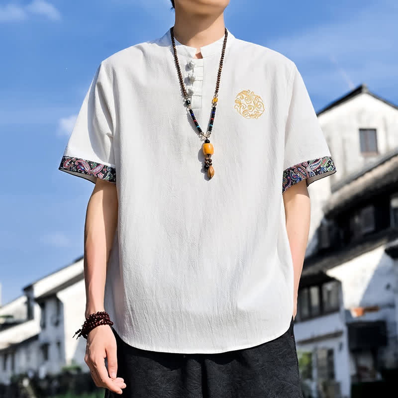 Buddha Stones Camisas de manga corta para hombre estilo Tang, informales, con bordado de botones de rana, ideales para el verano. - Blanco - US/UK/AU46, EU56 (5XL) - image 27