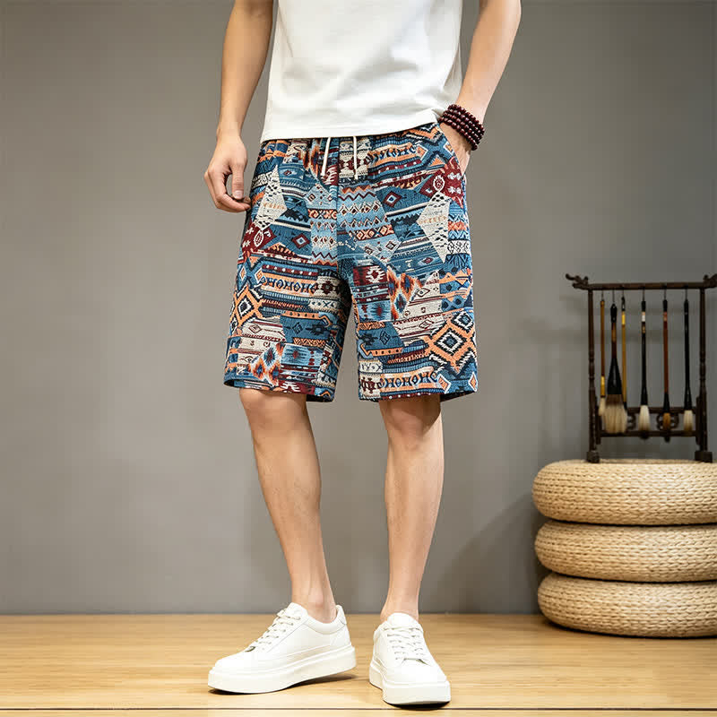 Pantalones cortos de hombre con estampado geométrico, estilo bohemio, con cordón ajustable y bolsillos, estampado Buddha Stones, ideales para el verano. - Azul acero - US/UK/AU46, EU56 (5XL) - image 0