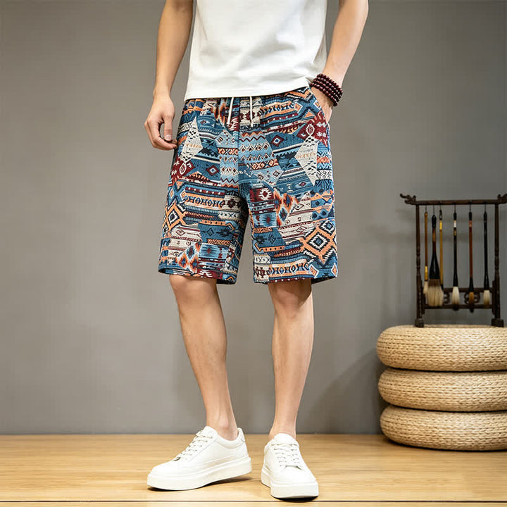 Pantalones cortos de hombre con estampado geométrico, estilo bohemio, con cordón ajustable y bolsillos, estampado Buddha Stones, ideales para el verano. - Azul acero - US/UK/AU46, EU56 (5XL) - image 0