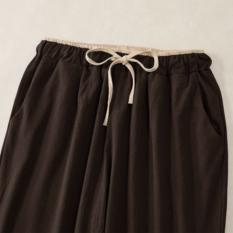 Buddha Stones Pantalones de mujer de algodón y lino con cintura elástica y bolsillos, con ribete de contraste minimalista. - image 13