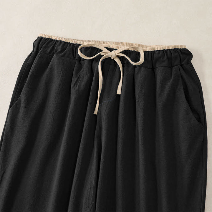 Buddha Stones Pantalones de mujer de algodón y lino con cintura elástica y bolsillos, con ribete de contraste minimalista. - image 7