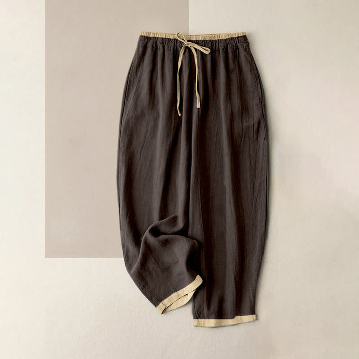 Buddha Stones Pantalones de mujer de algodón y lino con cintura elástica y bolsillos, con ribete de contraste minimalista. - Tierra de siena - US16，UK/AU20，EU48 (3XL) - image 12
