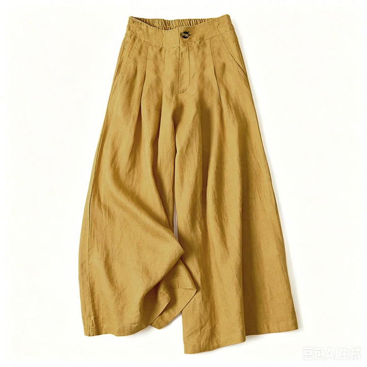 Buddha Stones Pantalones largos de verano elegantes de algodón y lino con cintura elástica, cierre de botón y cremallera, pernera ancha y bolsillos. - Amarillo - US16，UK/AU20，EU48 (3XL) - image 9