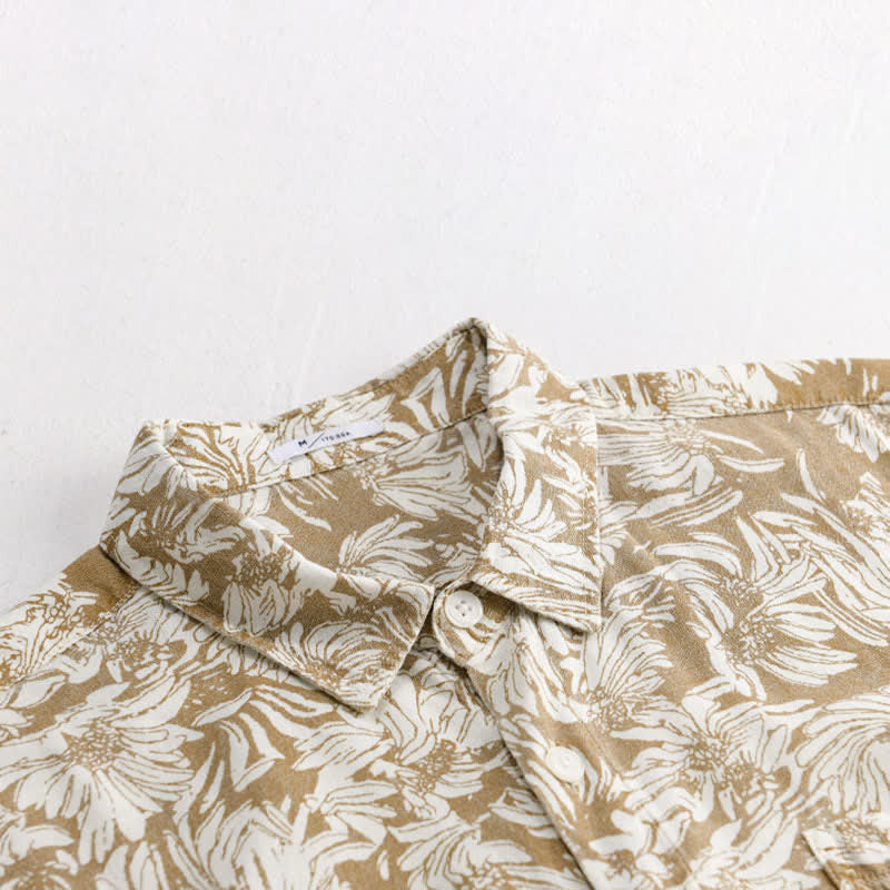 Buddha Stones Camisa de manga corta para hombre, estilo casual de verano, con botones, estampado floral de girasoles y bolsillo de parche. - image 7