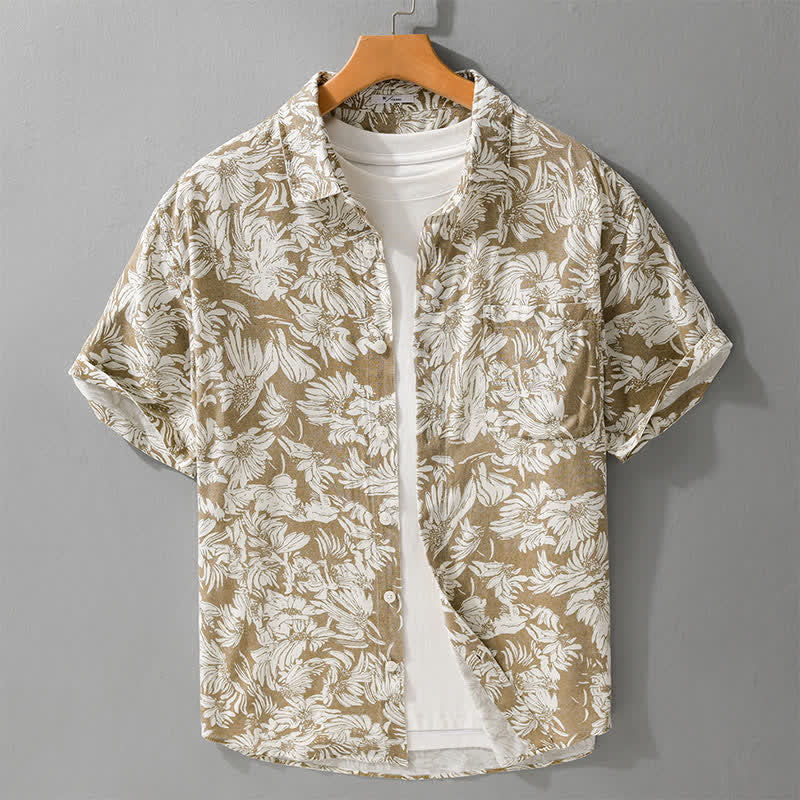 Buddha Stones Camisa de manga corta para hombre, estilo casual de verano, con botones, estampado floral de girasoles y bolsillo de parche. - Caqui oscuro - US/UK/AU44，EU54 (3XL) - image 6