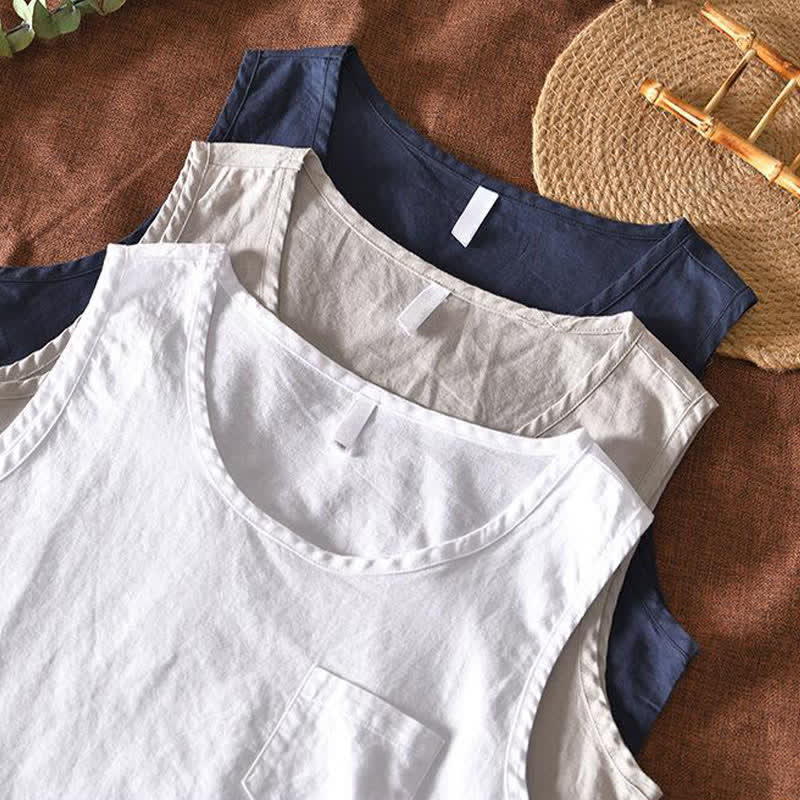 Buddha Stones Camiseta sin mangas minimalista de verano para hombre con bolsillo de parche. - image 14