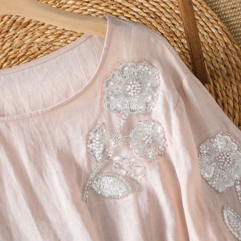 Buddha Stones Camiseta de manga larga para mujer, estilo casual de verano, elegante, con bordado floral blanco y cuello redondo. - image 2