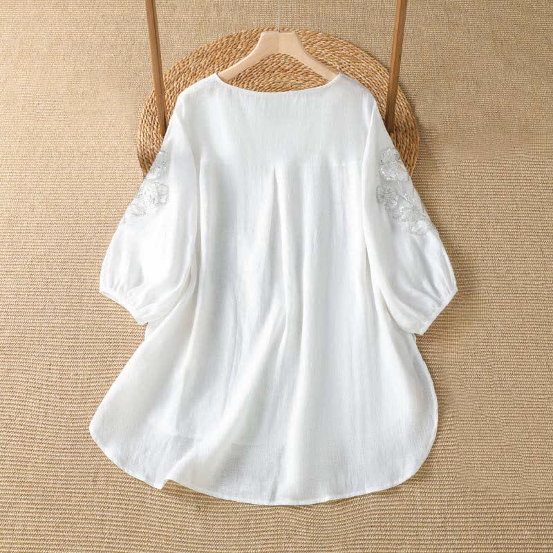Buddha Stones Camiseta de manga larga para mujer, estilo casual de verano, elegante, con bordado floral blanco y cuello redondo. - image 7