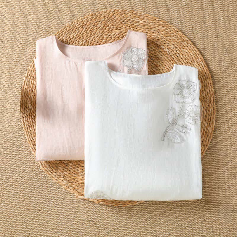 Buddha Stones Camiseta de manga larga para mujer, estilo casual de verano, elegante, con bordado floral blanco y cuello redondo. - image 9